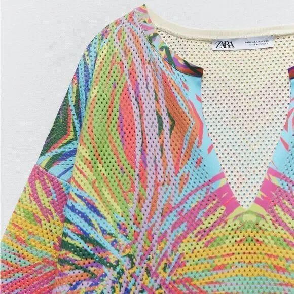 NWT ZARA OPEN KNIT JACQUARD TUNIC MULTICOLORED - Picture 2 of 5